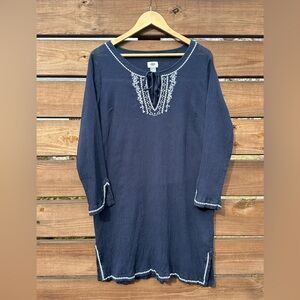 Old Navy Women's Navy Blue Tunic Shirt Cover Up Dress Tie Neck White Embroidery